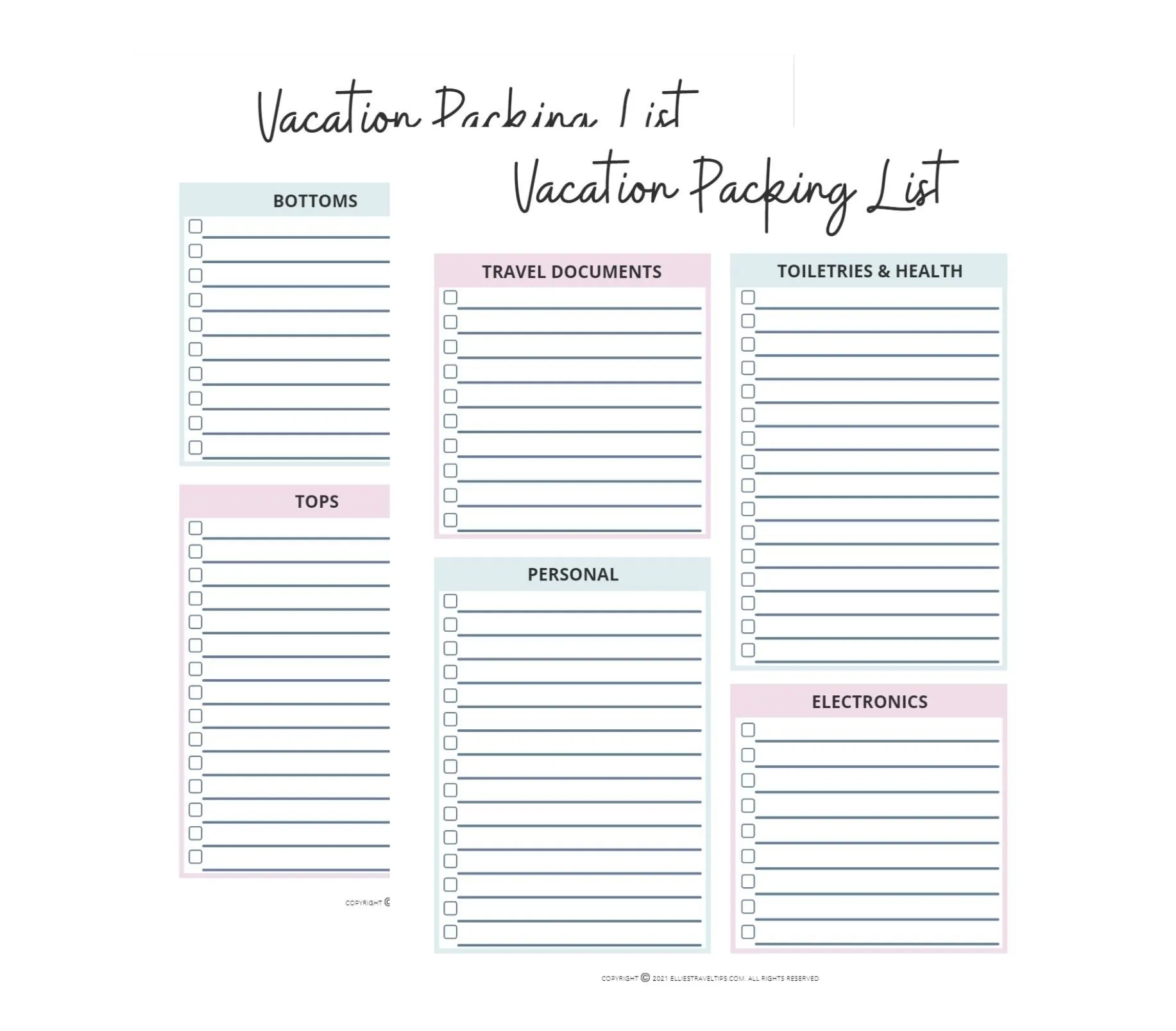 free vacation packing list