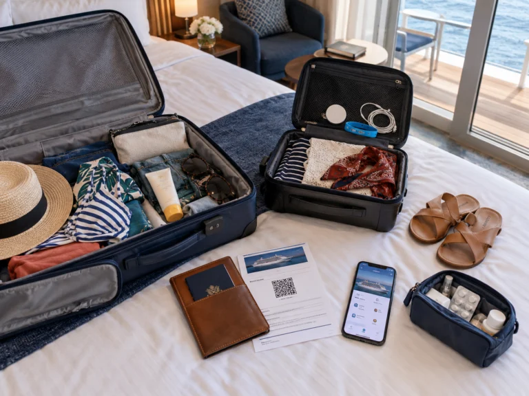 Open suitcases in a cruise stateroom packed with travel documents, swimwear, sunscreen, a wristband charger, sandals, and medicine.