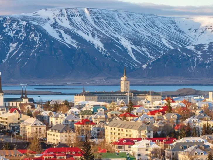 Iceland town with mountain in background
