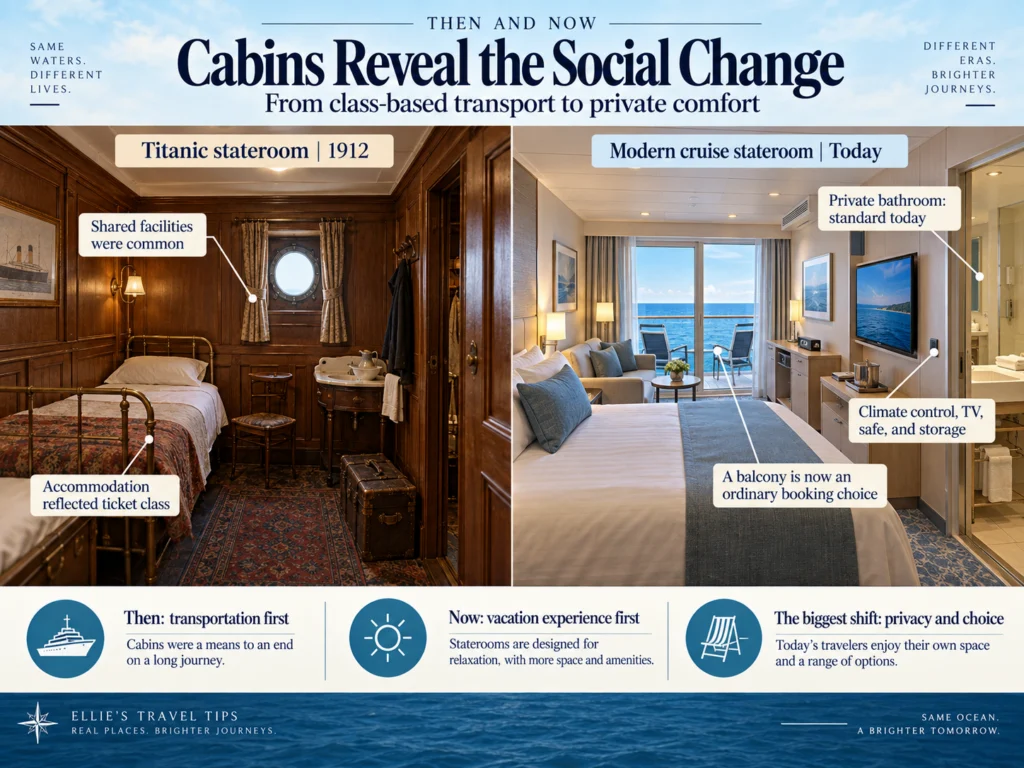 Titanic vs Modern Cruise Ship Staterooms infographic