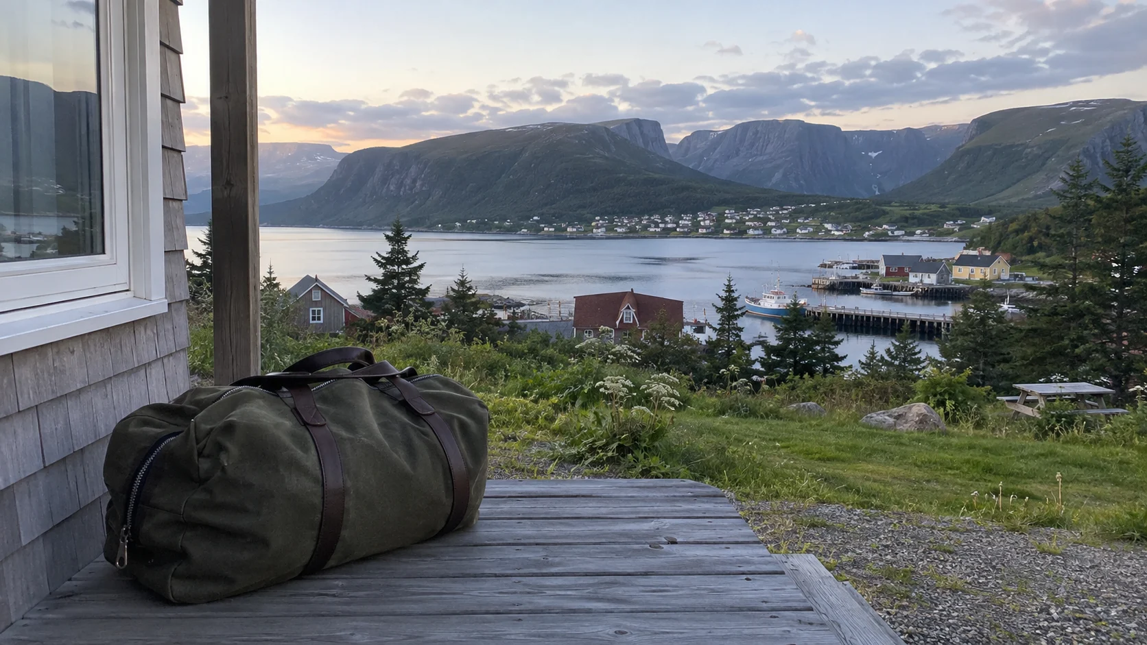 Travel bag on a porch overlooking Norris Point and Gros Morne National Park