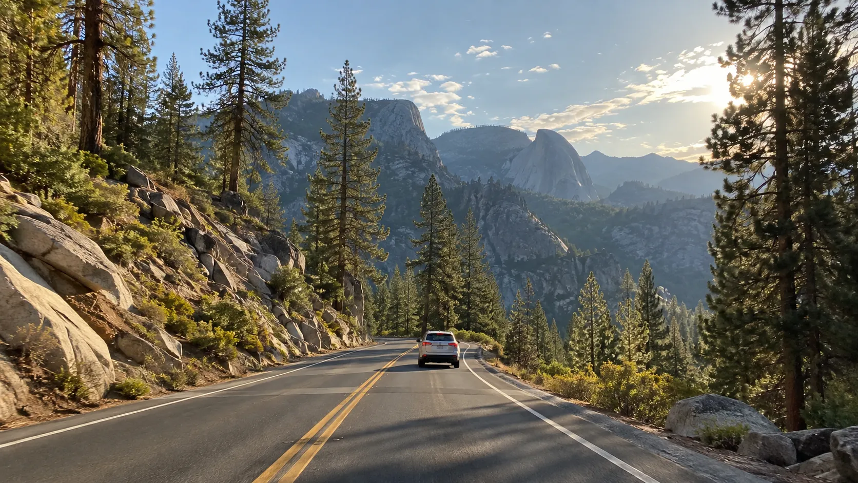 Highway 120 descending through pine forest toward Yosemite Valley from Groveland