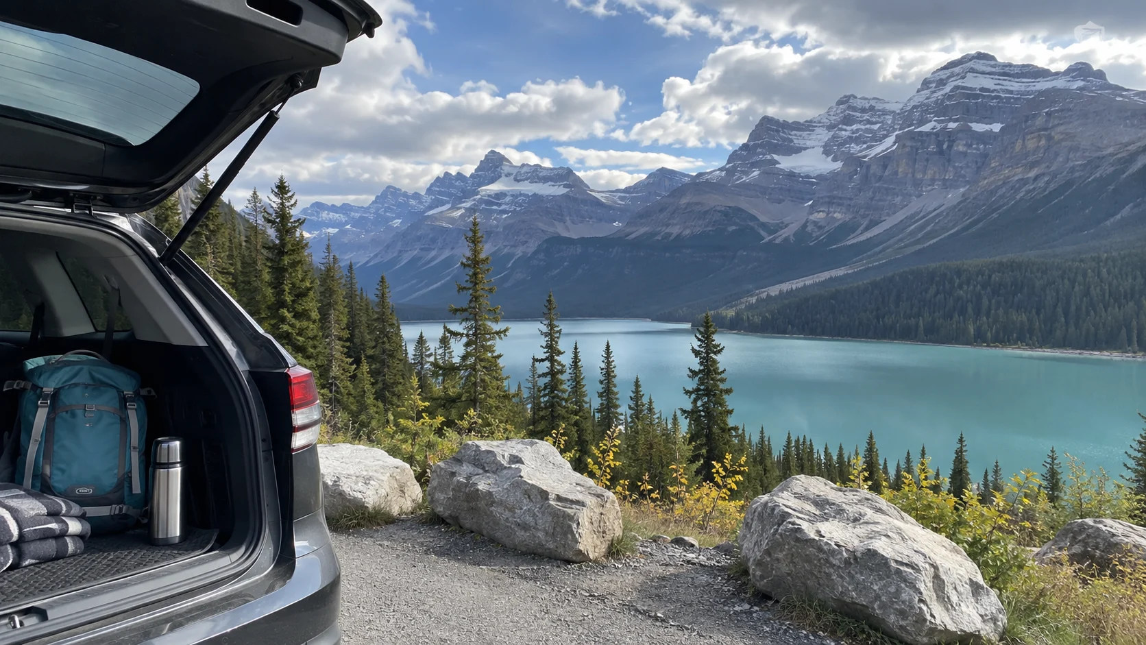 Open car trunk overlooking a turquoise lake and mountain peaks along the Icefields Parkway