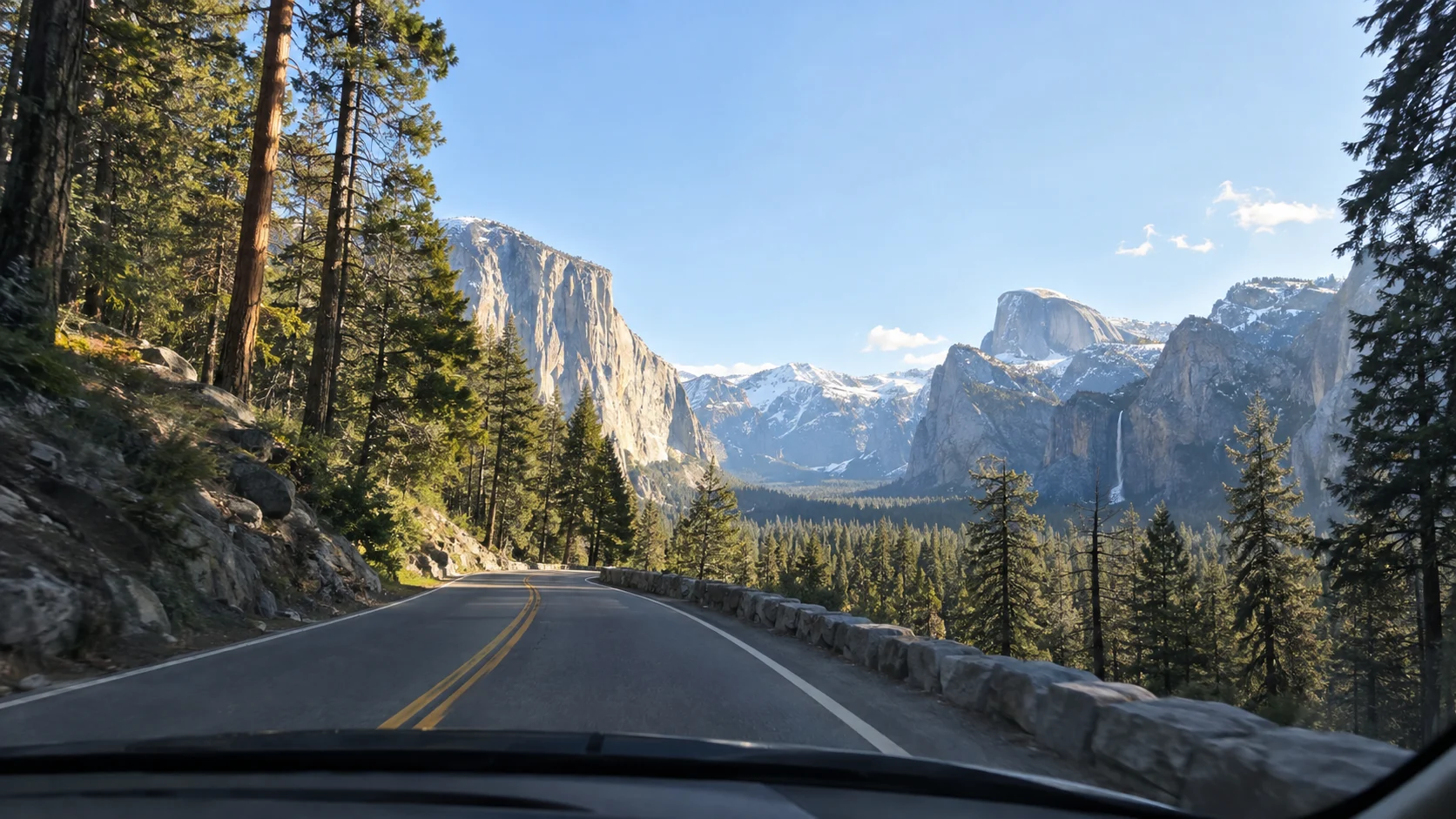 Highway 41 revealing Yosemite Valley beyond the forested approach from Oakhurst