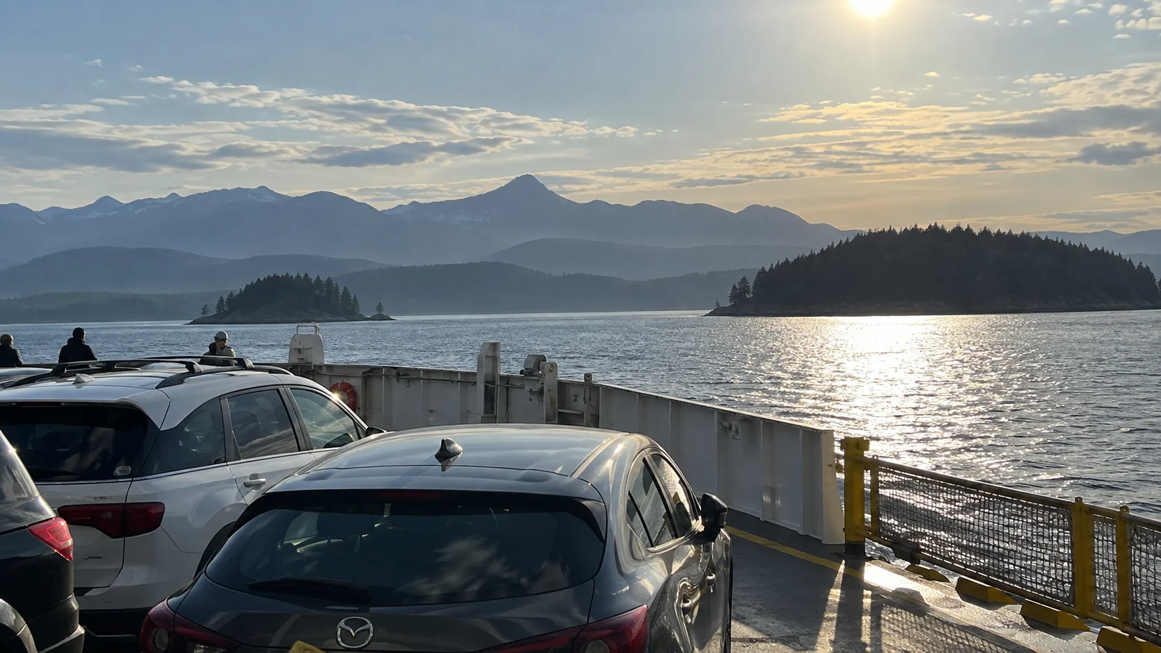 Cars crossing the Strait of Georgia on a ferry toward Vancouver Island