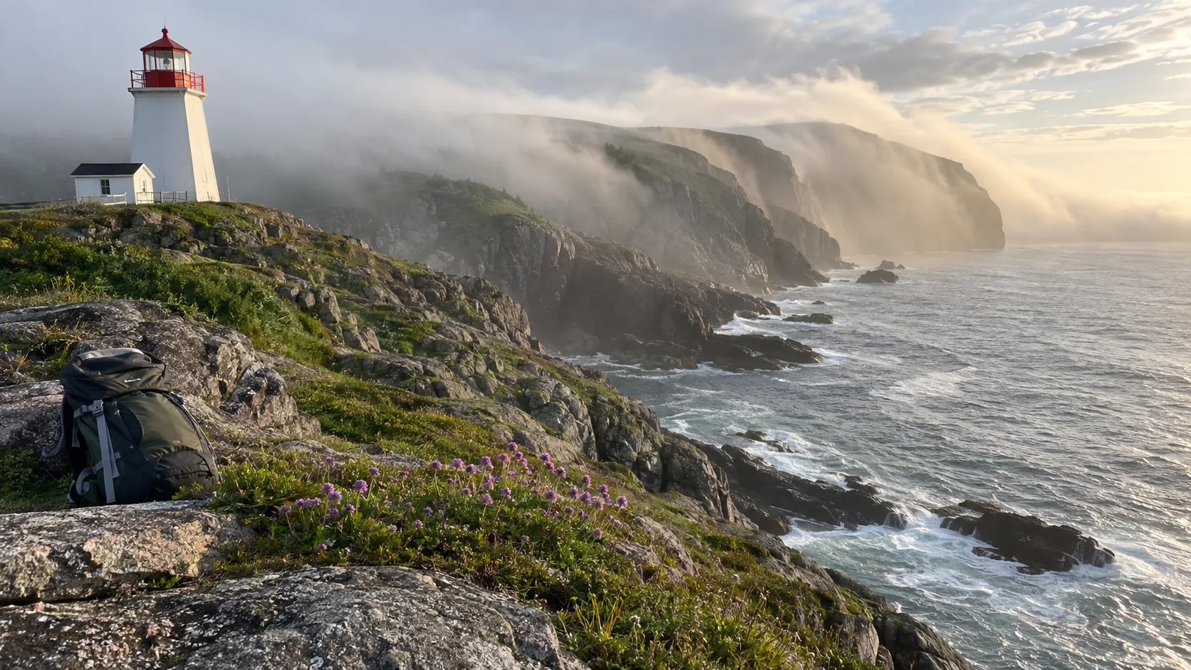 Lobster Cove Head Lighthouse on the rugged Gros Morne coast at golden hour