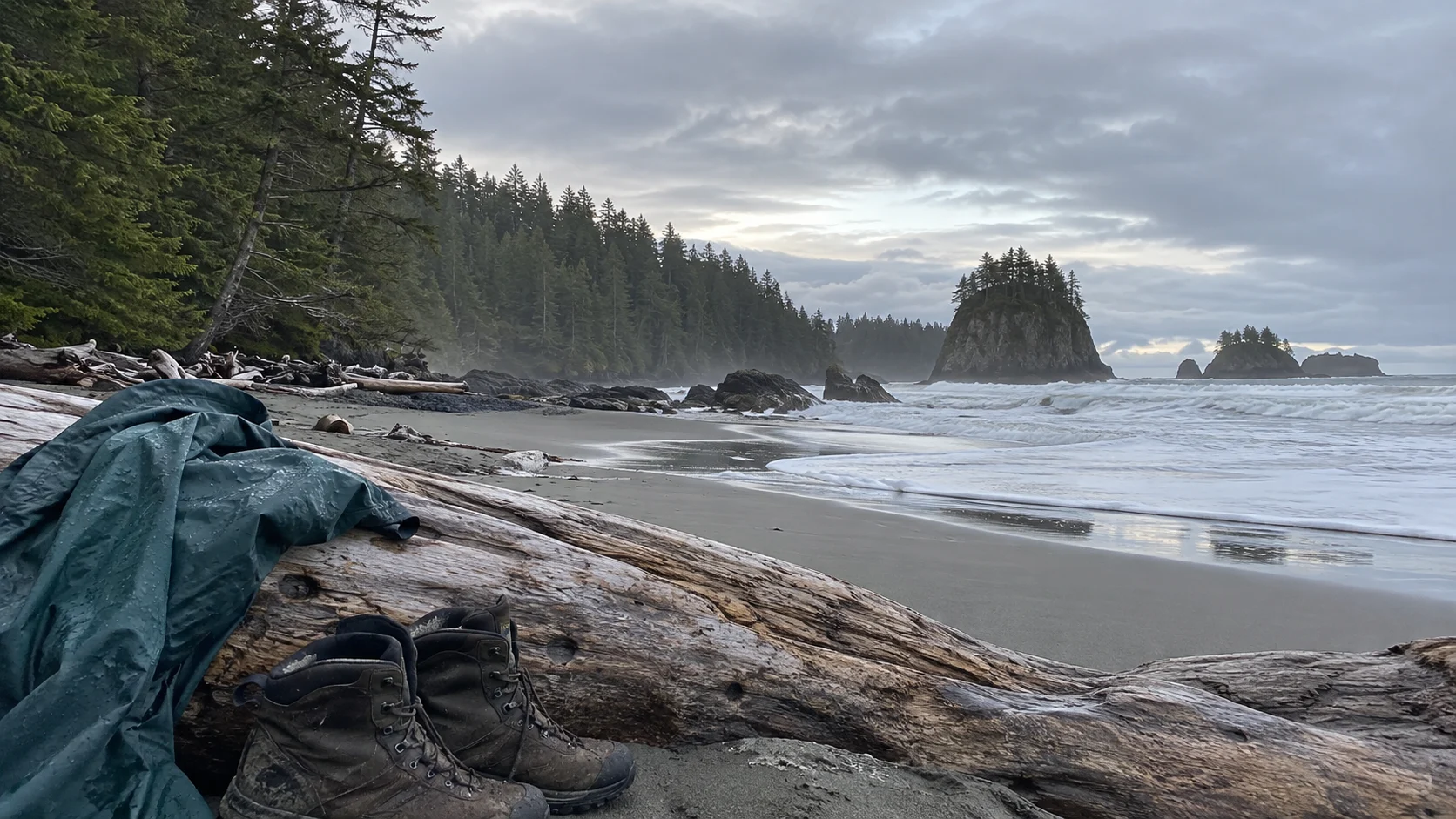 Rain jacket and hiking boots on a driftwood log beside a wild Vancouver Island beach