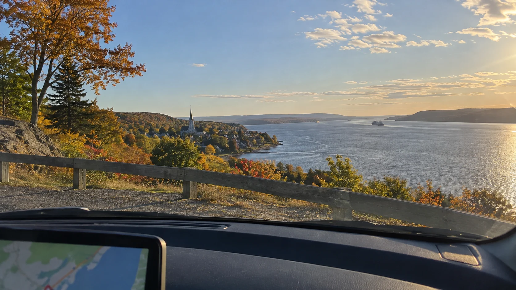 Autumn view across the St. Lawrence River from a road-trip pullout in Québec