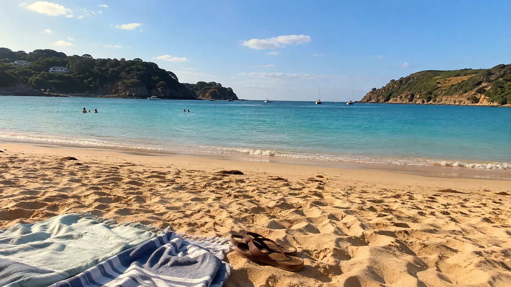 Towels and sandals on a quiet sandy Jersey beach beside turquoise water