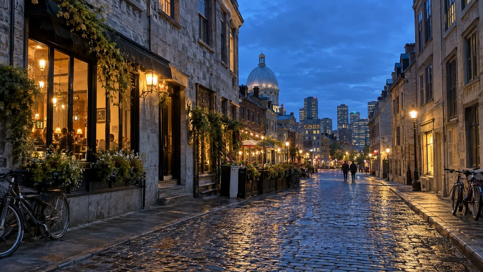 Wet cobblestone street and historic buildings in Old Montréal at blue hour
