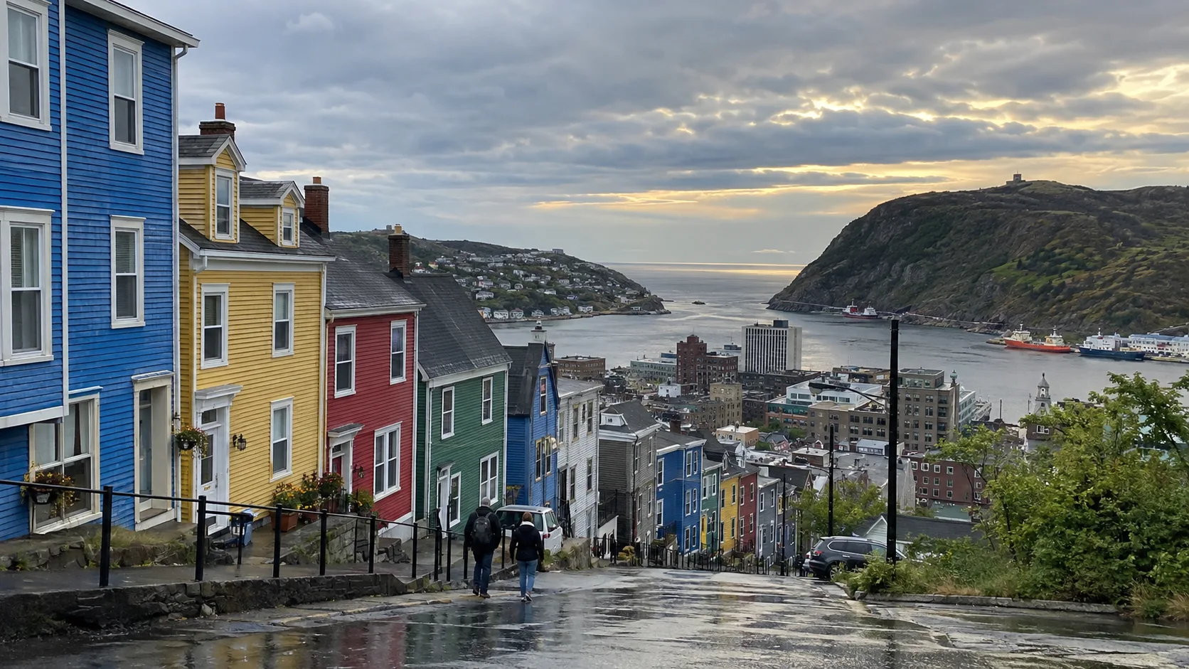 Colorful row houses and harbor scenery in St. John's on the Avalon Peninsula