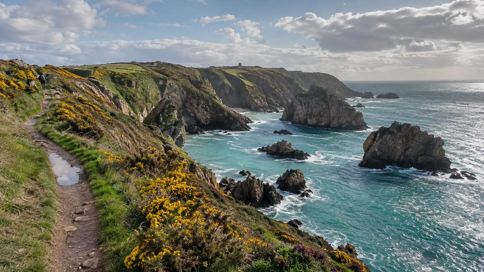 Clifftop walking trail above rocky coves on Jersey's north coast