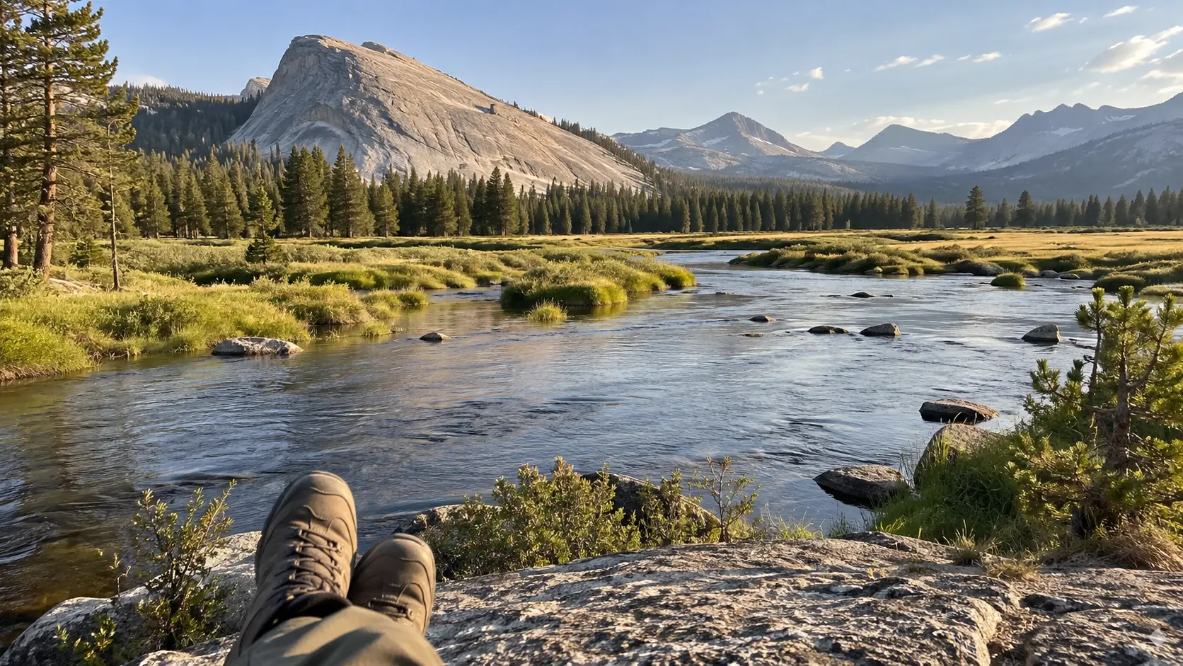 Hiking boots overlooking a quiet Tuolumne Meadows stream in Yosemite high country