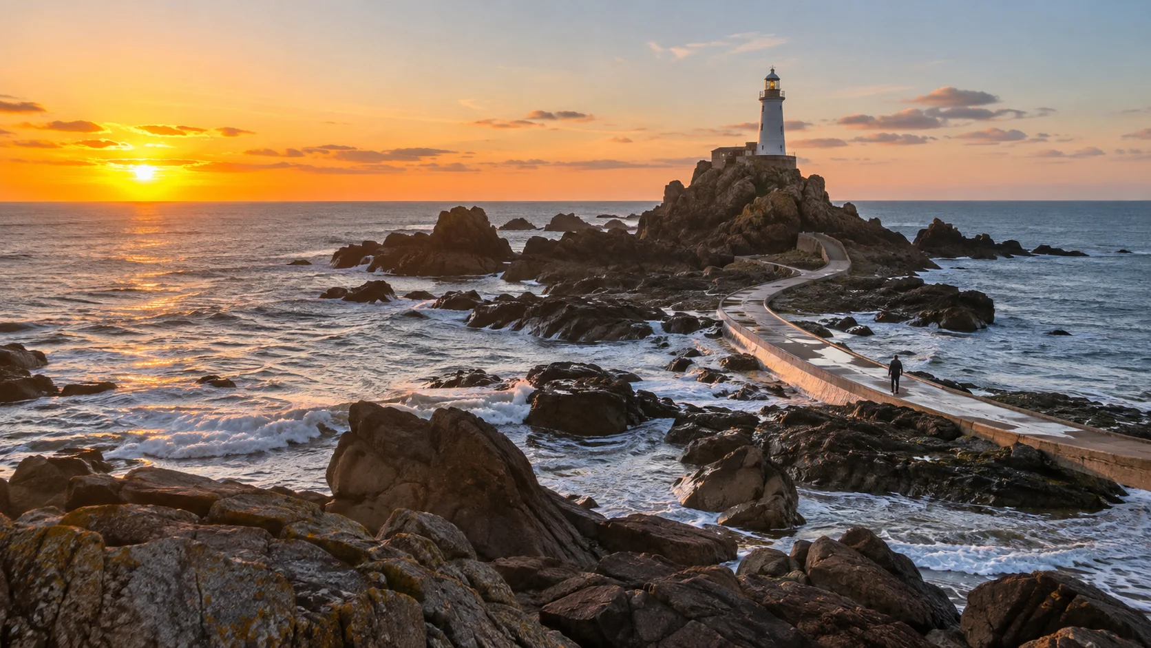 La Corbière Lighthouse and tidal causeway at a glowing Jersey sunset