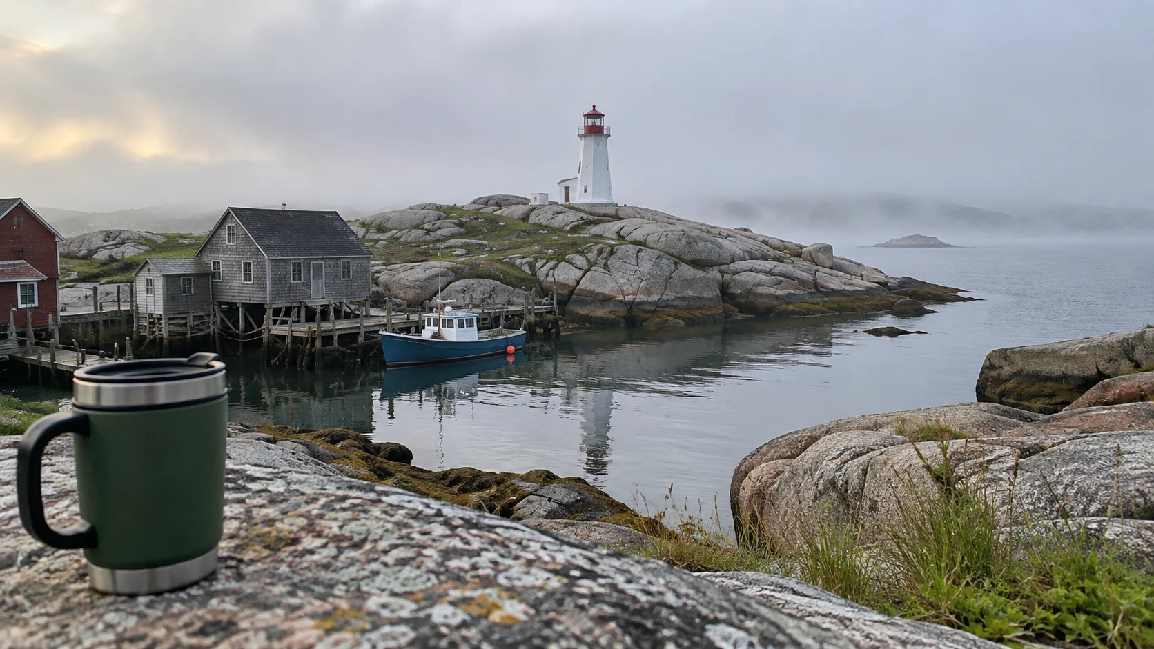 Travel mug overlooking a misty Nova Scotia fishing harbor and lighthouse