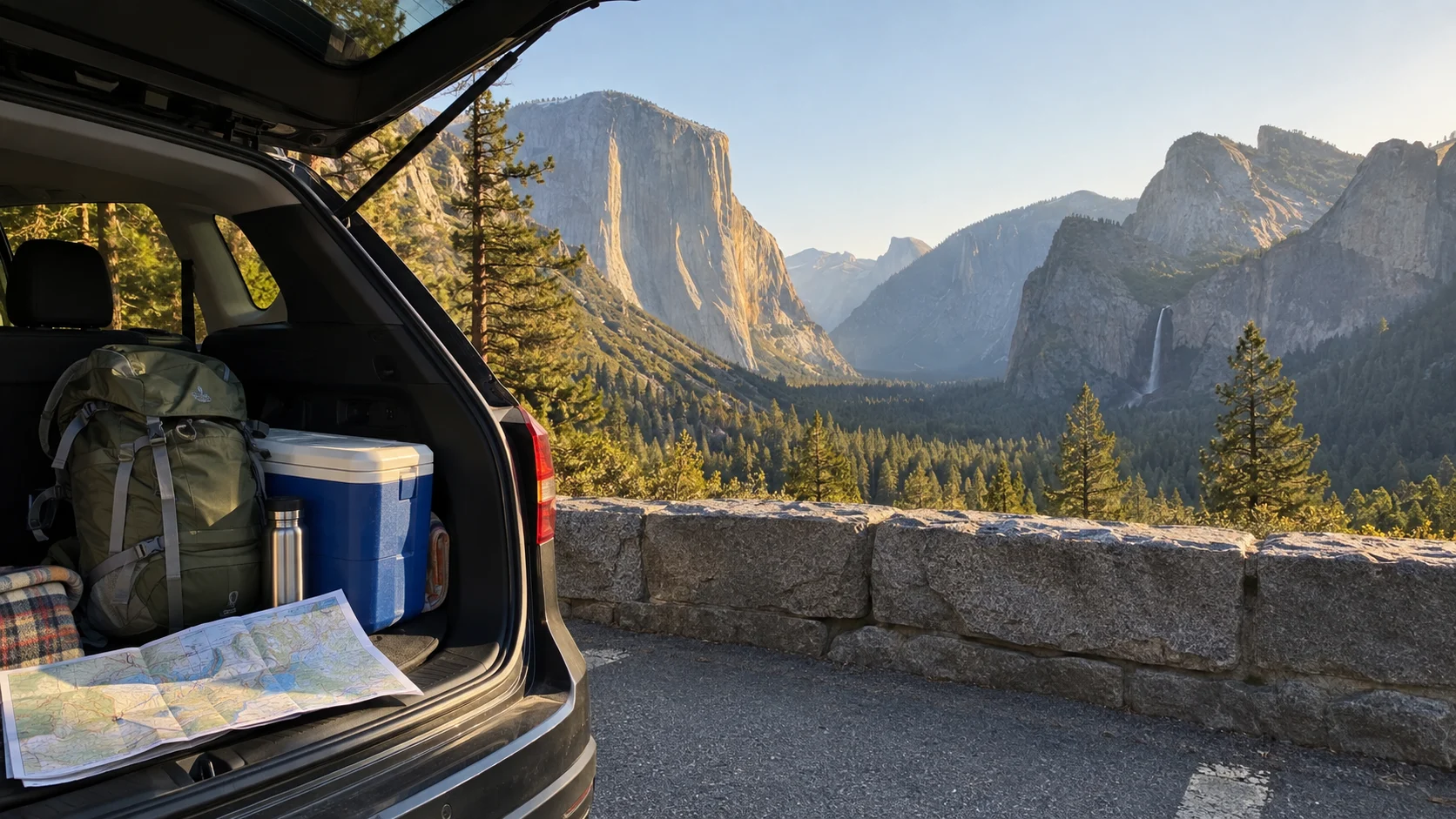 Open car trunk packed for a five-day Yosemite road trip at Tunnel View