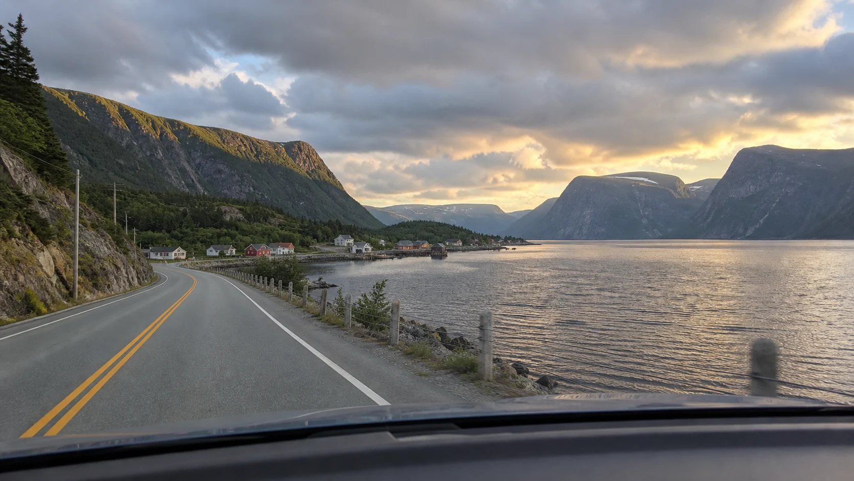 Coastal road beside Bonne Bay and the mountains of western Newfoundland
