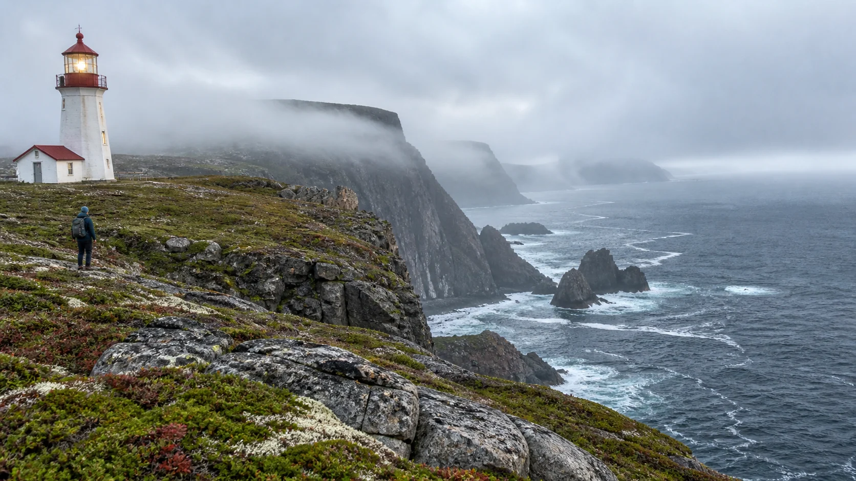Remote lighthouse above foggy cliffs on the wild Labrador coast