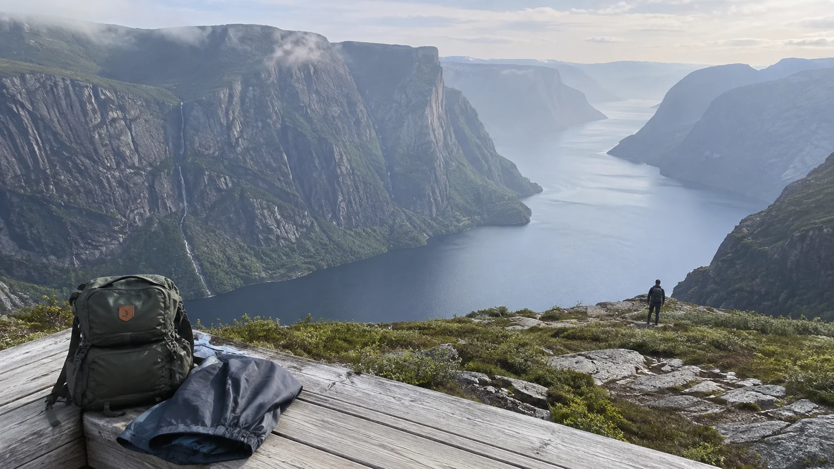 Backpack at a viewpoint above the cliffs and water of Western Brook Pond