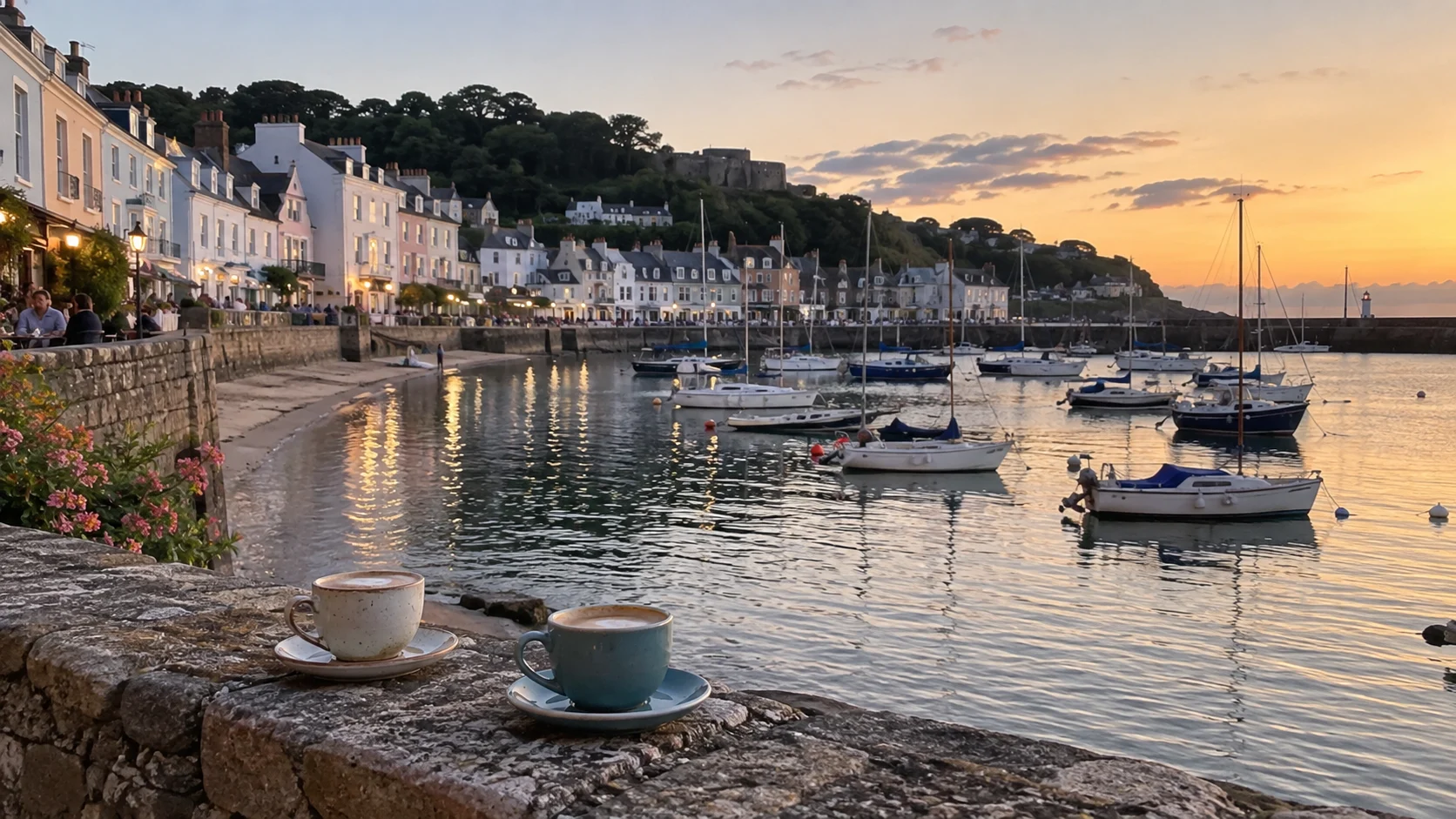 Coffee cups overlooking boats and pastel houses in St. Aubin harbor at sunset