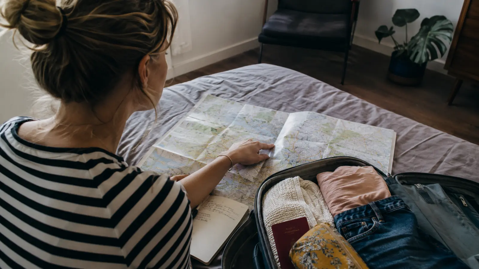 Woman packing an open suitcase on a bed with maps spread nearby