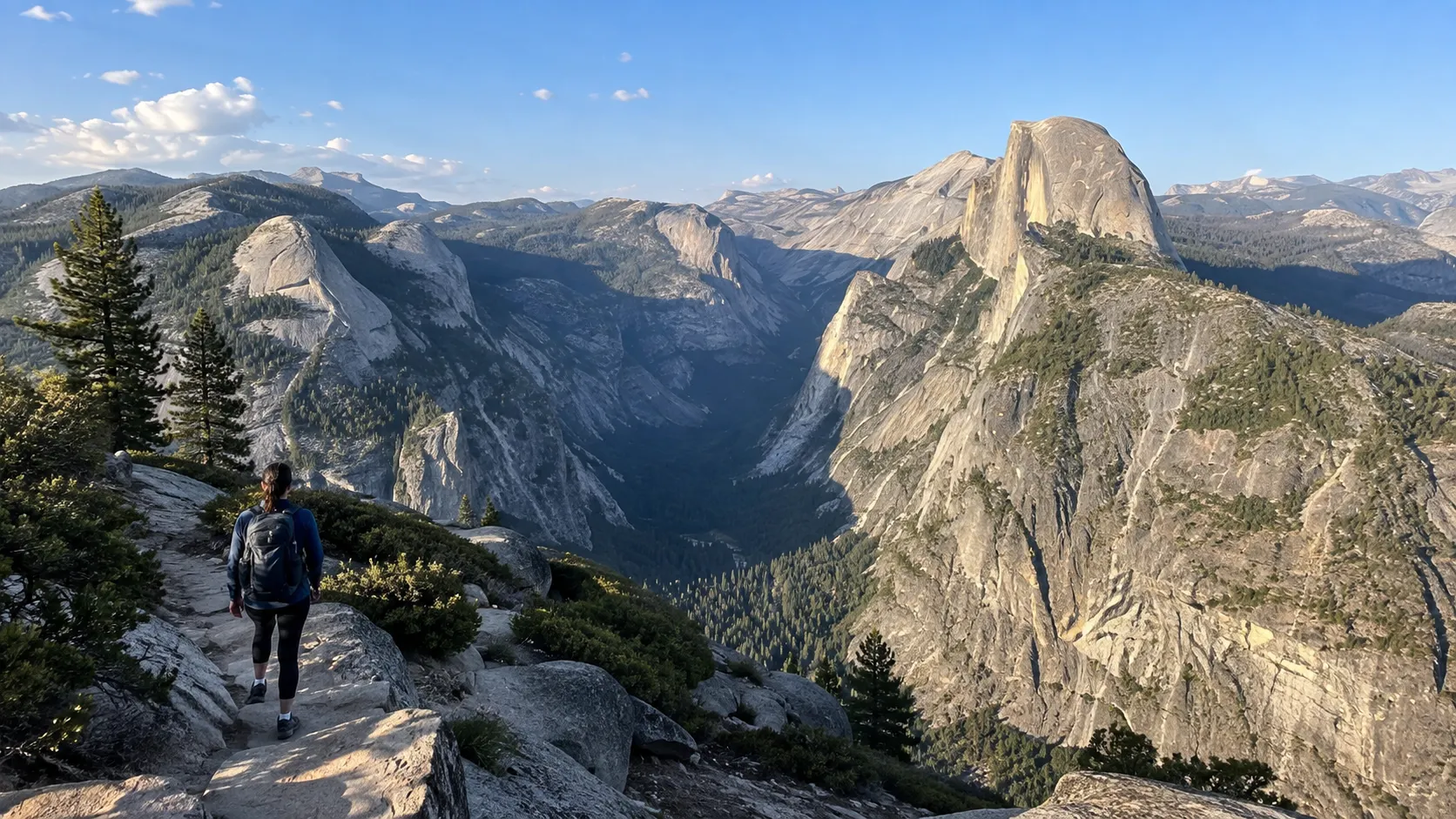 Hiker on the Glacier Point trail overlooking Half Dome and Yosemite Valley