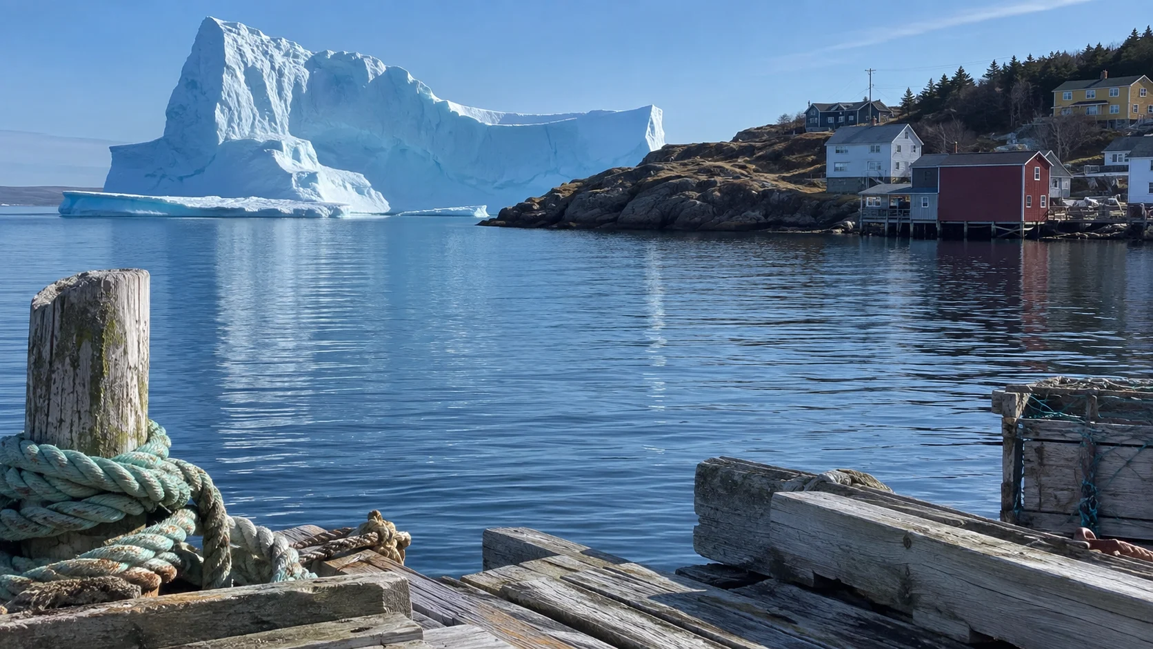 Large blue-white iceberg drifting beside a Newfoundland fishing village