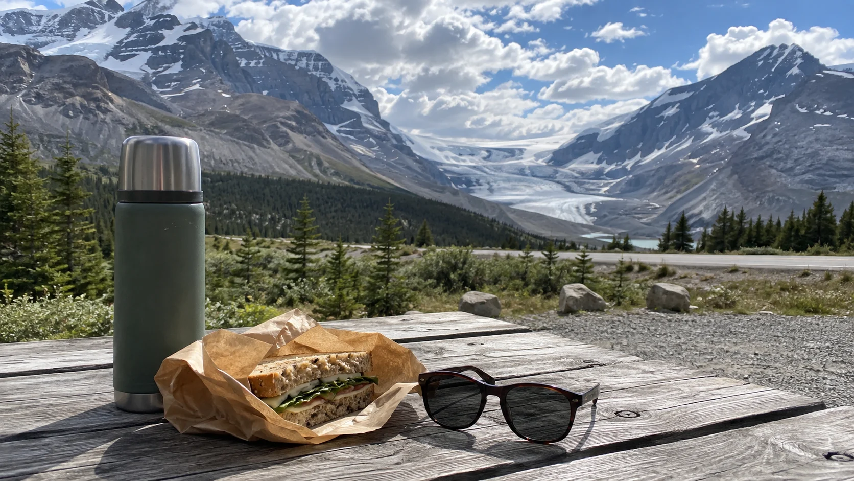 Roadside picnic with a thermos and sandwich overlooking Athabasca Glacier
