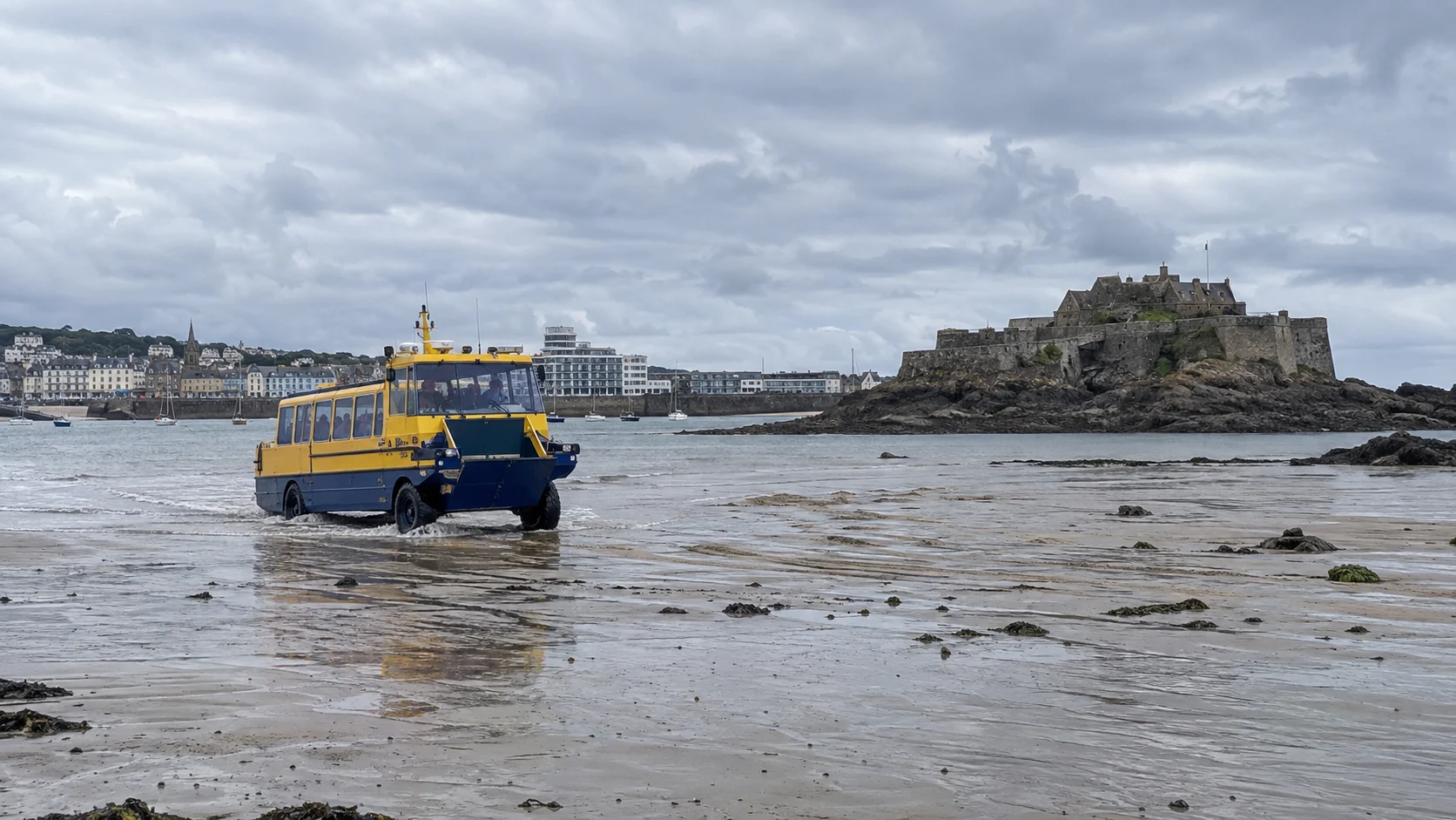 Tidal amphibious bus crossing toward Elizabeth Castle from St. Helier