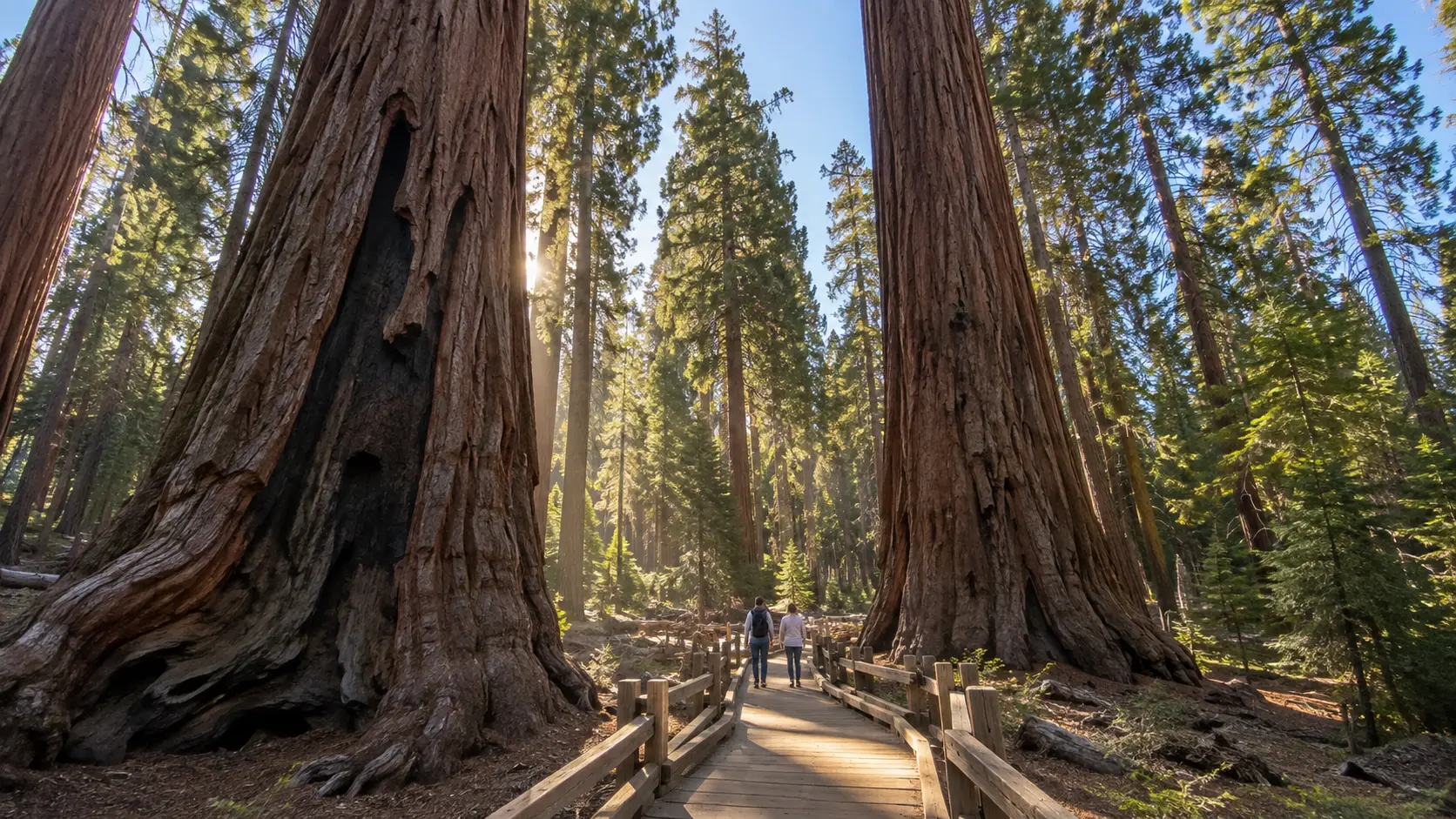 Boardwalk winding between giant sequoias in Yosemite's Mariposa Grove