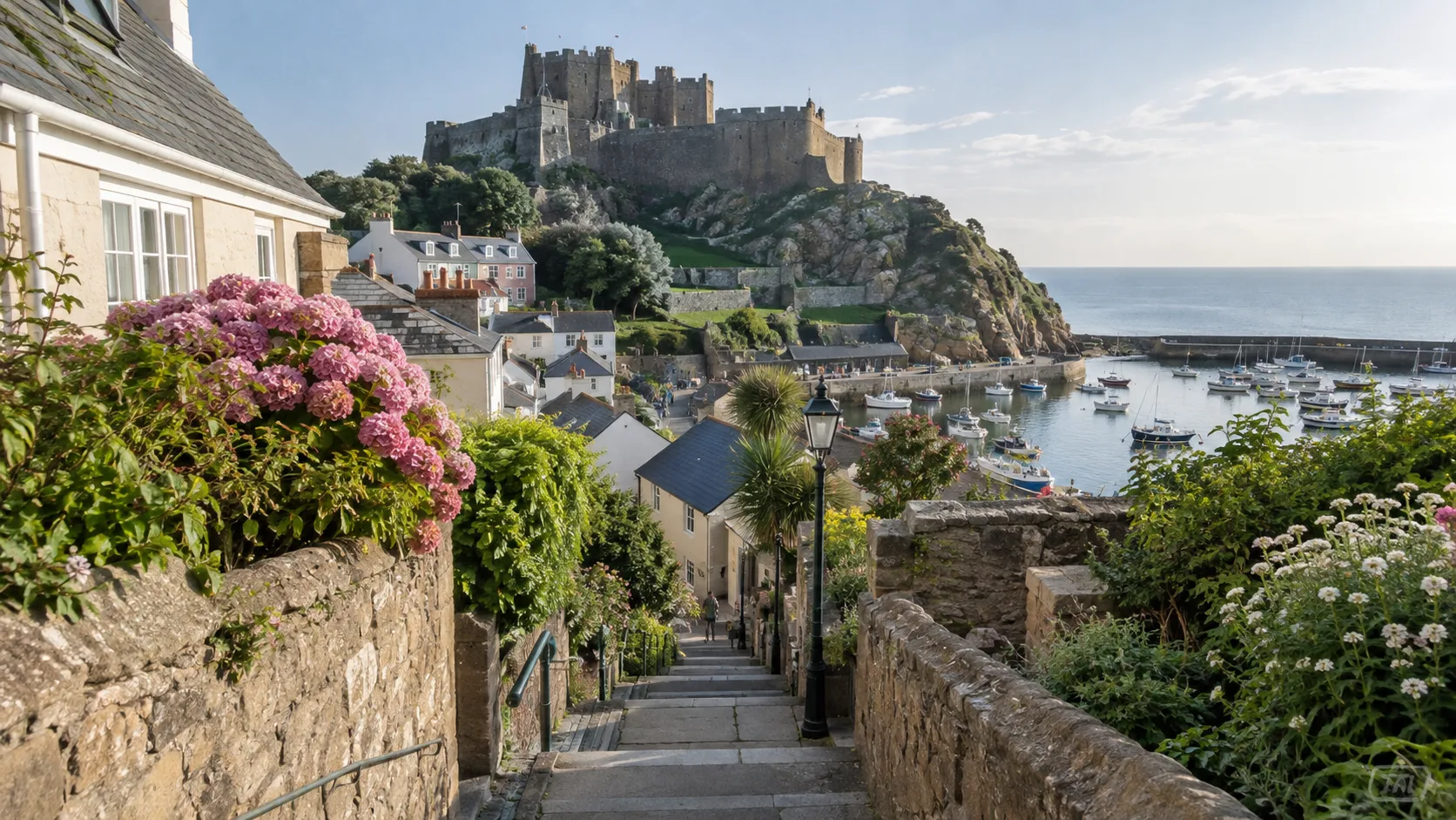 Flower-lined steps overlooking Gorey harbor and Mont Orgueil Castle