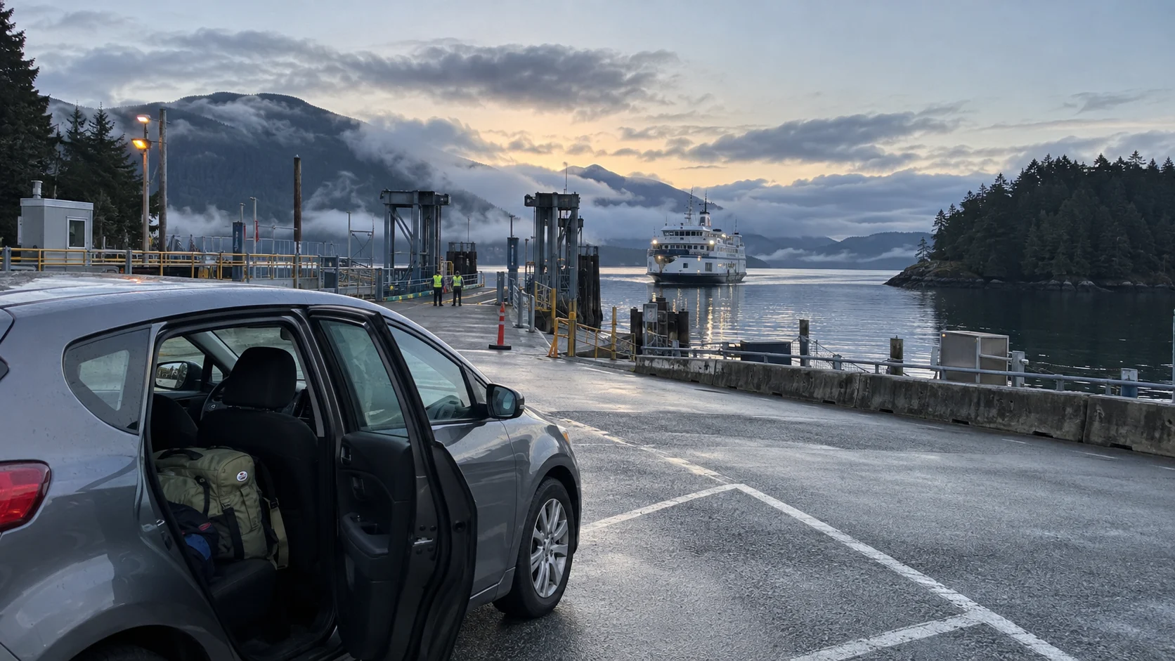 Rental car waiting beside a ferry terminal in a misty Vancouver Island inlet