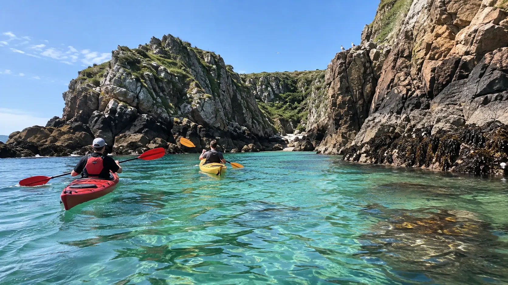 Kayakers exploring clear water and rocky coves along the Jersey coast