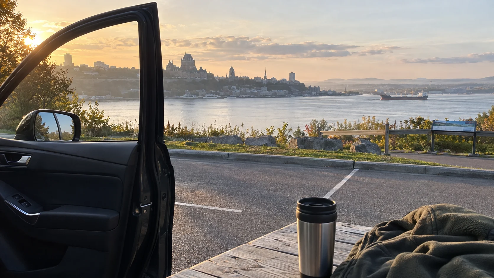 Road-trip coffee stop overlooking Québec City across the St. Lawrence River