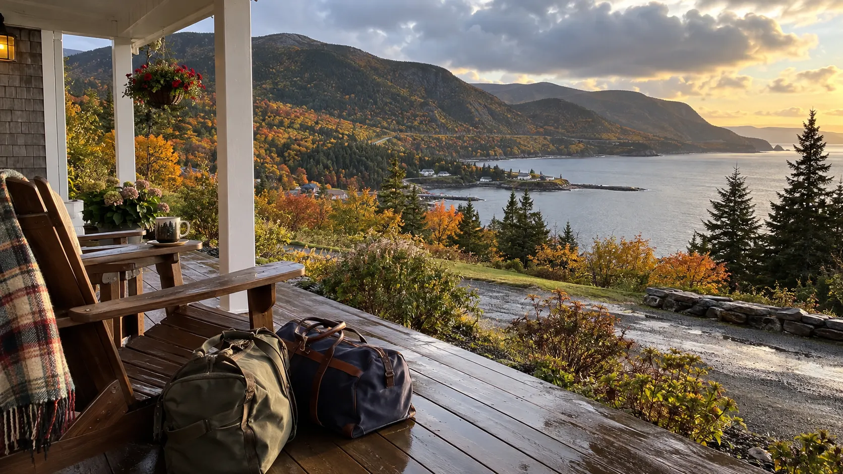 Travel bags on an inn porch overlooking the autumn Cape Breton coast