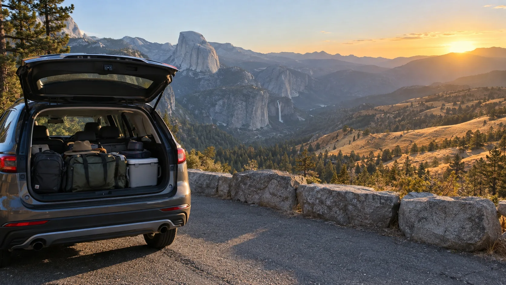 Packed road-trip car overlooking Yosemite Valley at sunset
