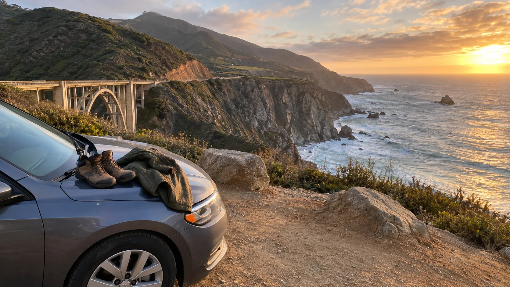 Road-trip stop at Bixby Creek Bridge on California's Pacific coast at sunset