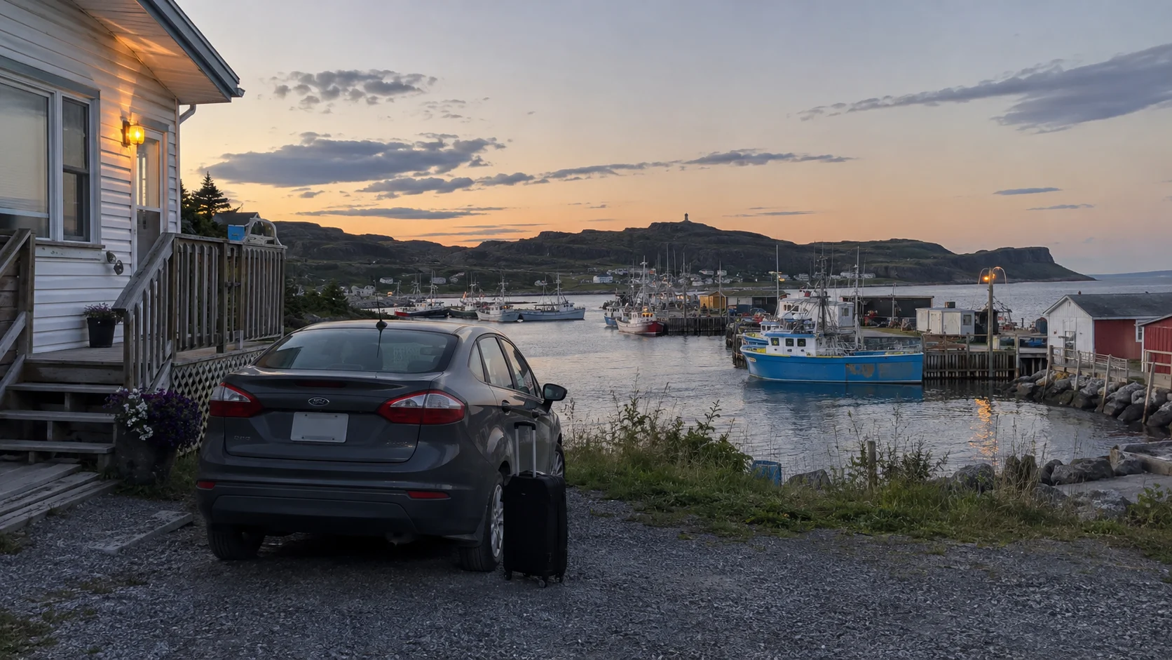 Car and suitcase arriving at a small harbor guesthouse in northern Newfoundland