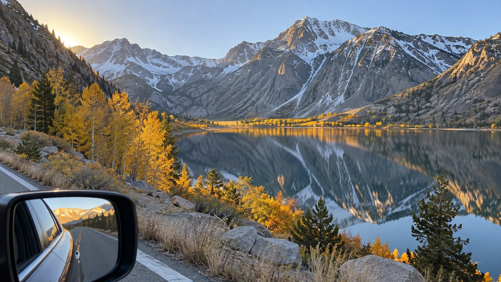 Eastern Sierra lake and autumn aspens seen from a road-trip car