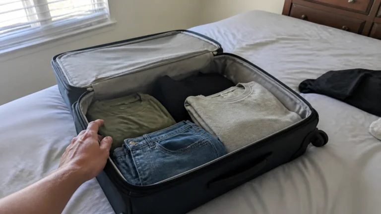 Open suitcase on a bed with neatly folded shirts and jeans.