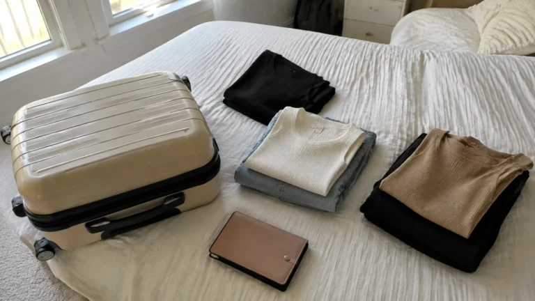 Small hard-shell suitcase, folded clothes and a document wallet arranged on a bed.