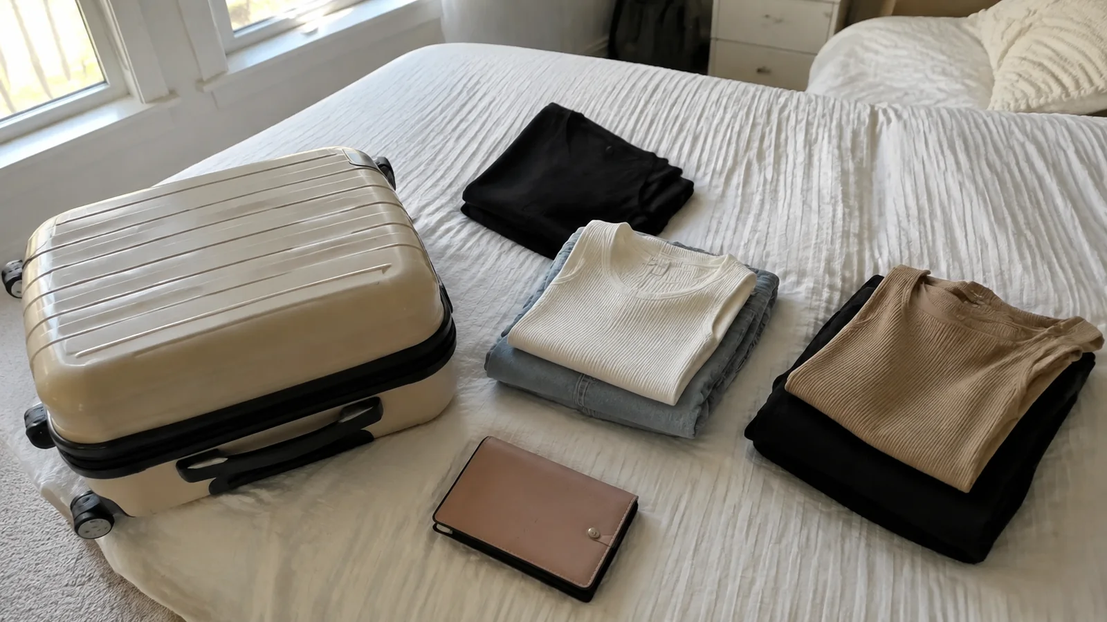 Small hard-shell suitcase, folded clothes and a document wallet arranged on a bed.