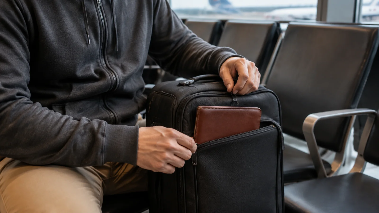 Traveler placing a document wallet in the front pocket of a carry-on bag.