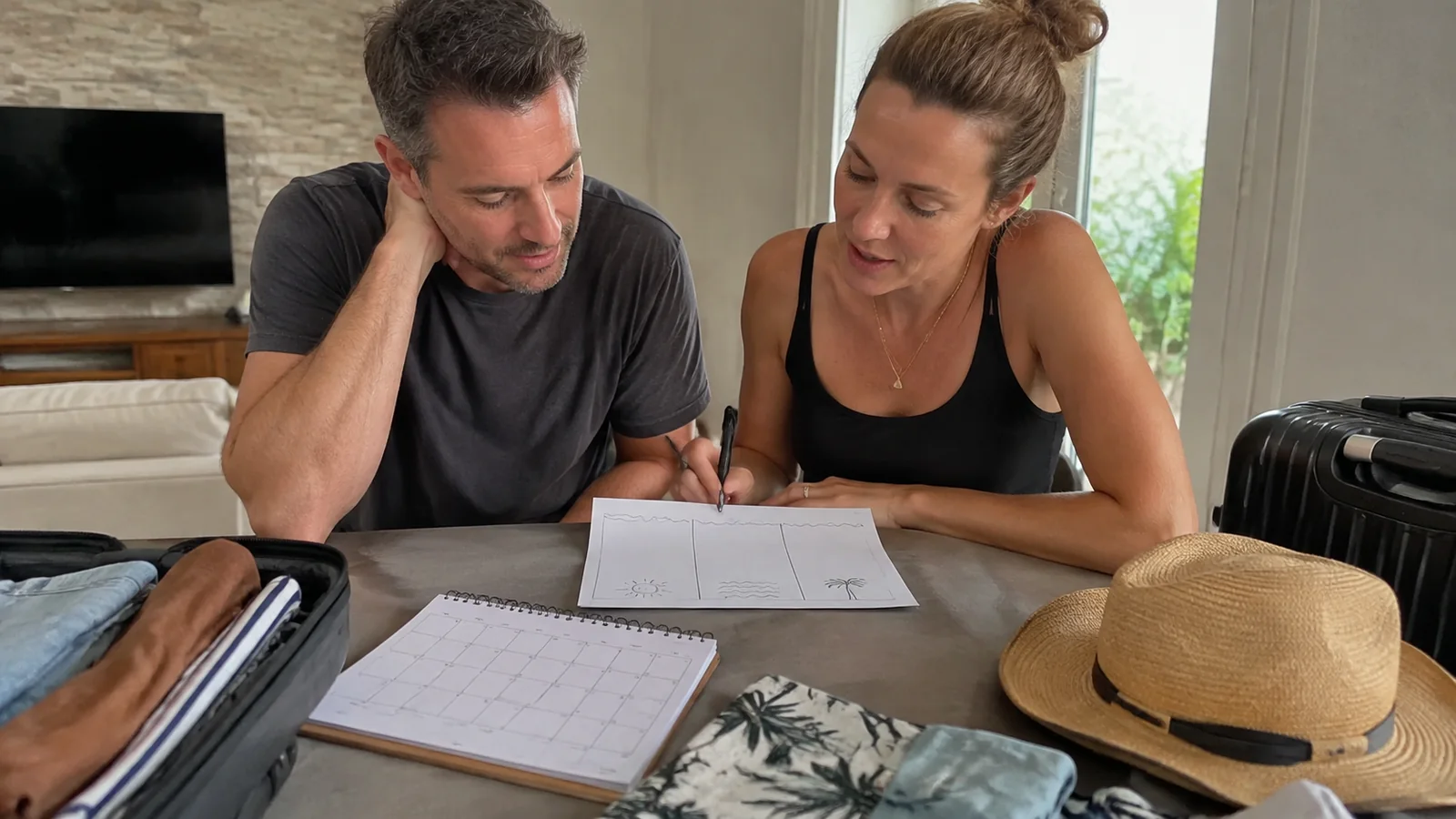 Couple reviewing travel paperwork beside luggage and folded clothes.