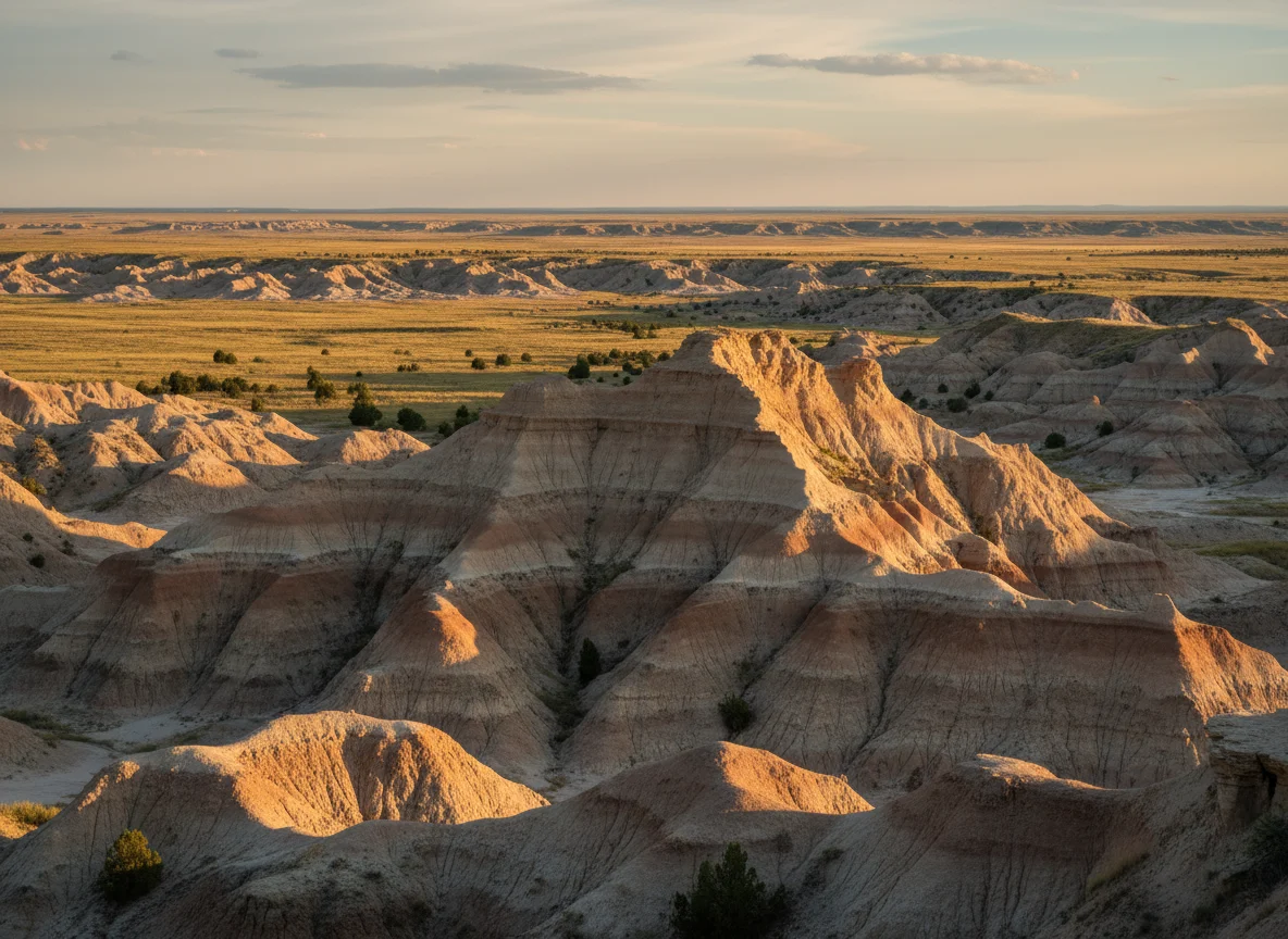 Layered Badlands formations in warm late-day light