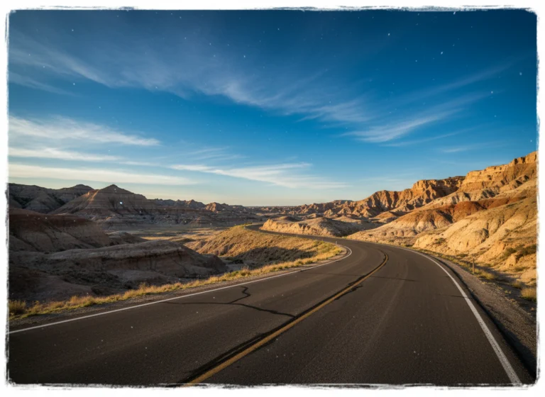 Road winding through Badlands National Park in South Dakota