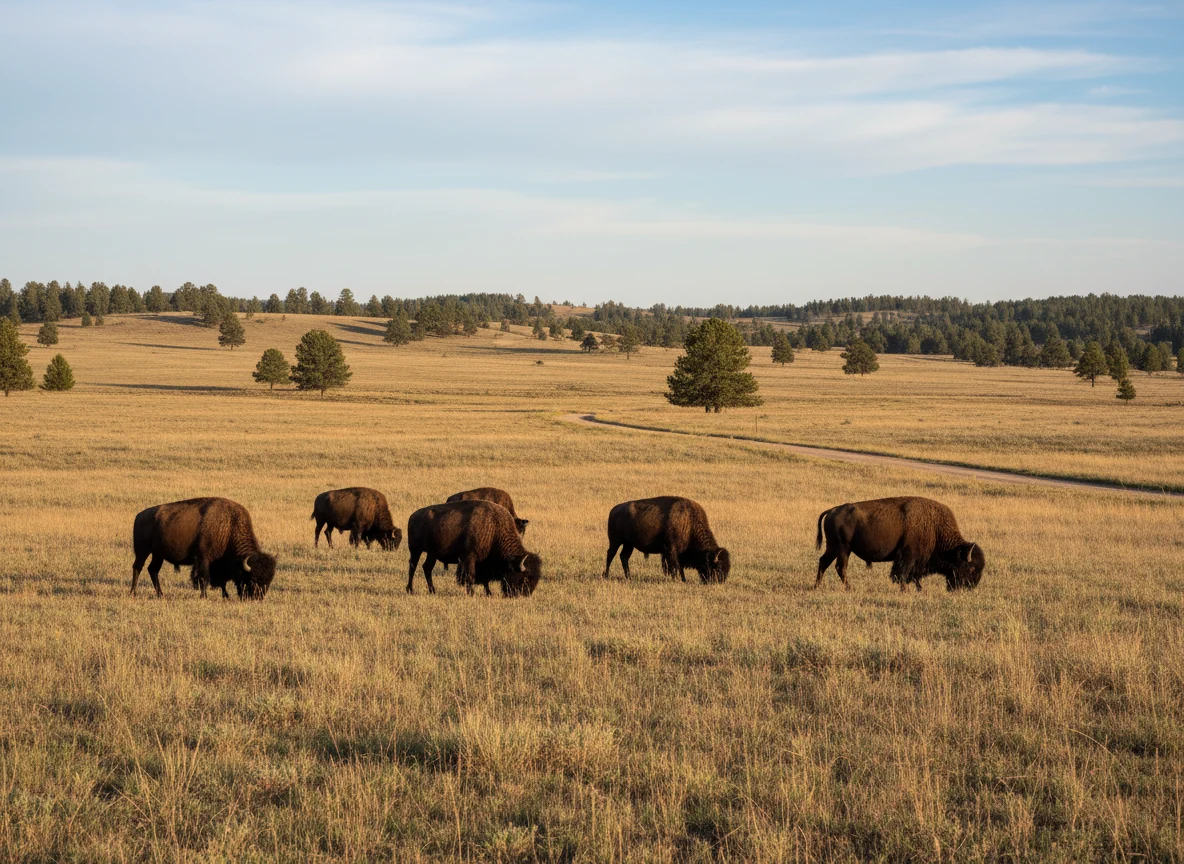 Bison grazing beside Wildlife Loop Road in Custer State Park