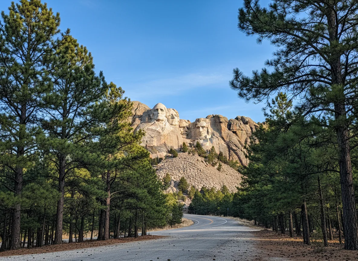Mount Rushmore framed by pine trees in the Black Hills