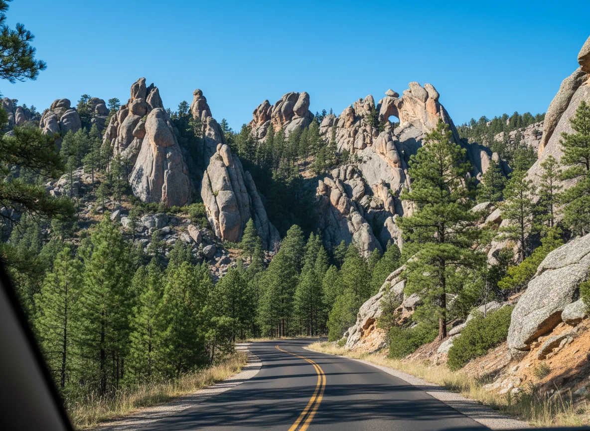Needles Highway winding between granite spires in South Dakota