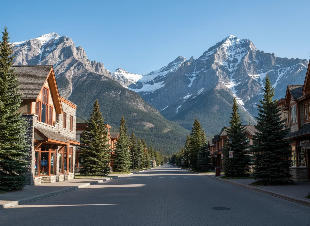 Banff Alberta mountain town beneath snowcapped peaks